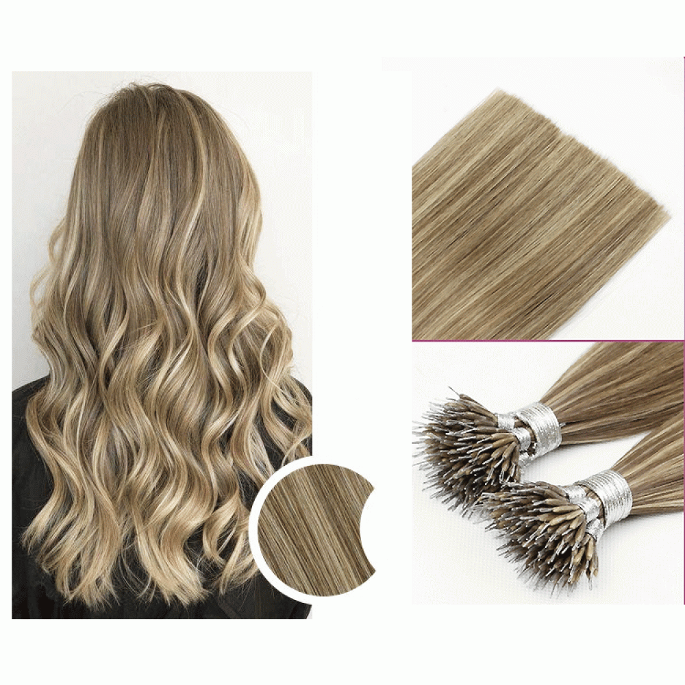 #8/18 ASH BROWN/ASH BLONDE Nano Tip/Ring Highlight Hair Extensions 50g ...