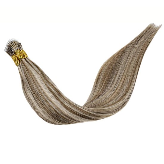 #8/60 ASH BROWN/PLATINUM BLONDE Nano Tip/Ring Highlight Hair Extensions 50g/qty 20"
